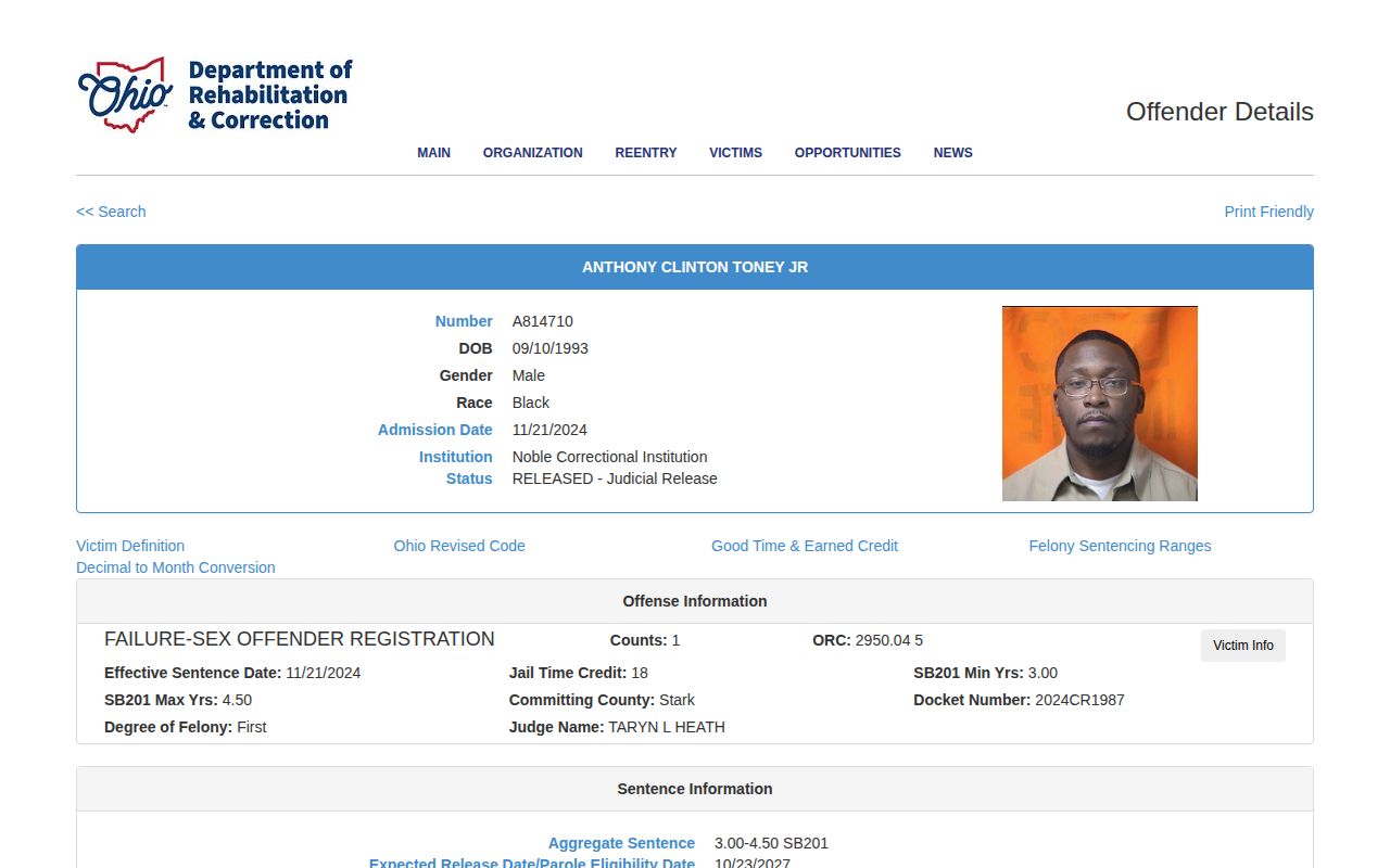 Gallia County projected release date lookup with an ODRC judicial release example